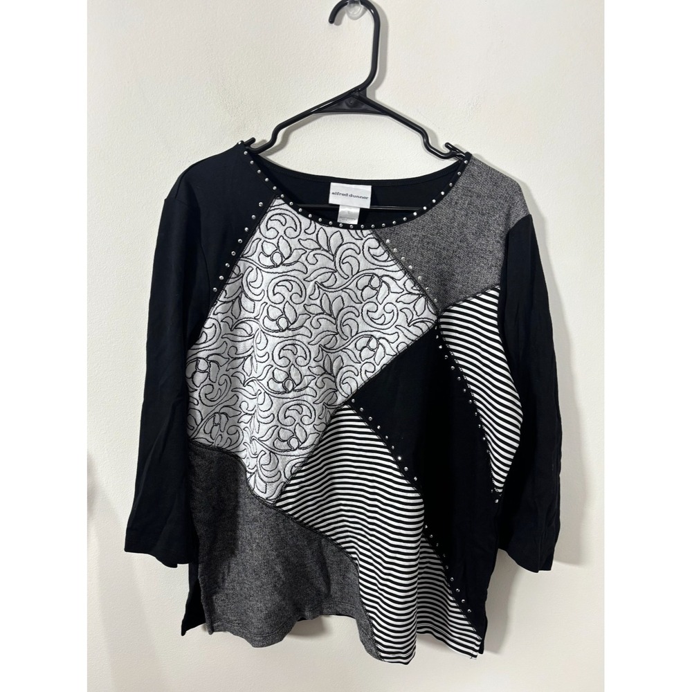 Alfred Dunner Black and White Patchwork 3/4 Sleeve Top Women's Large Blouse